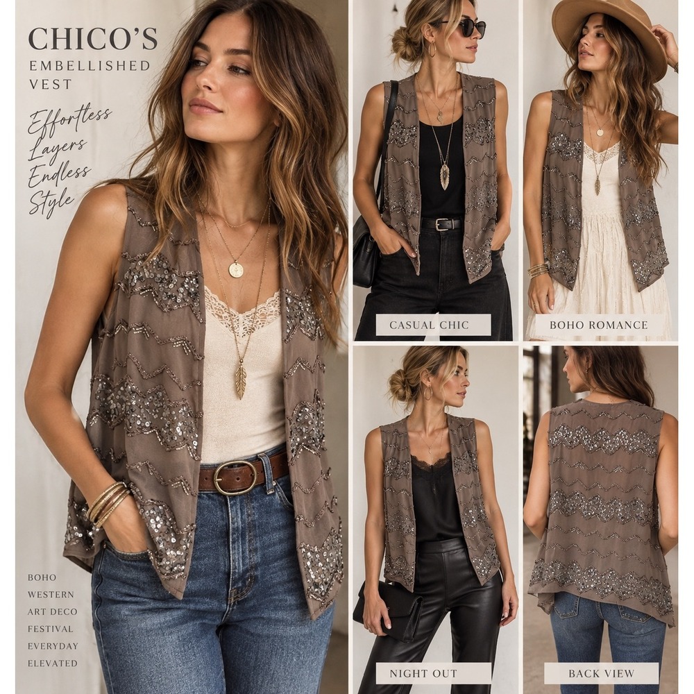 Chico's 0 Medium Embellished Vest Sequin Beaded Boho Western Festival Y2K